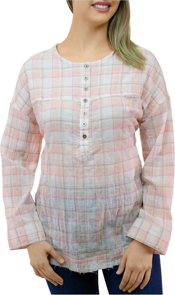 Mia Pucker Womens Plaid Round Neck Tunic Top