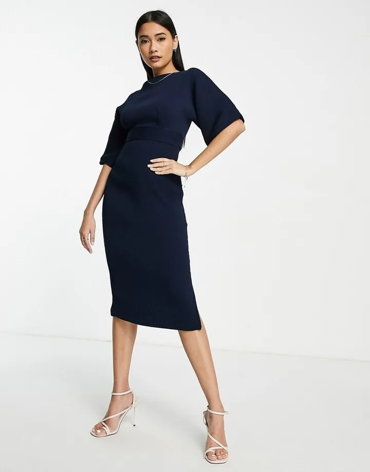 Closet London ribbed pencil dress with tie belt in navy
