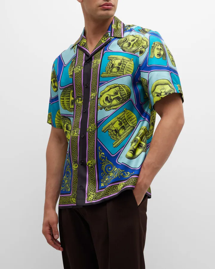 Men's Le Maschere Silk Foulard Short-Sleeve Shirt