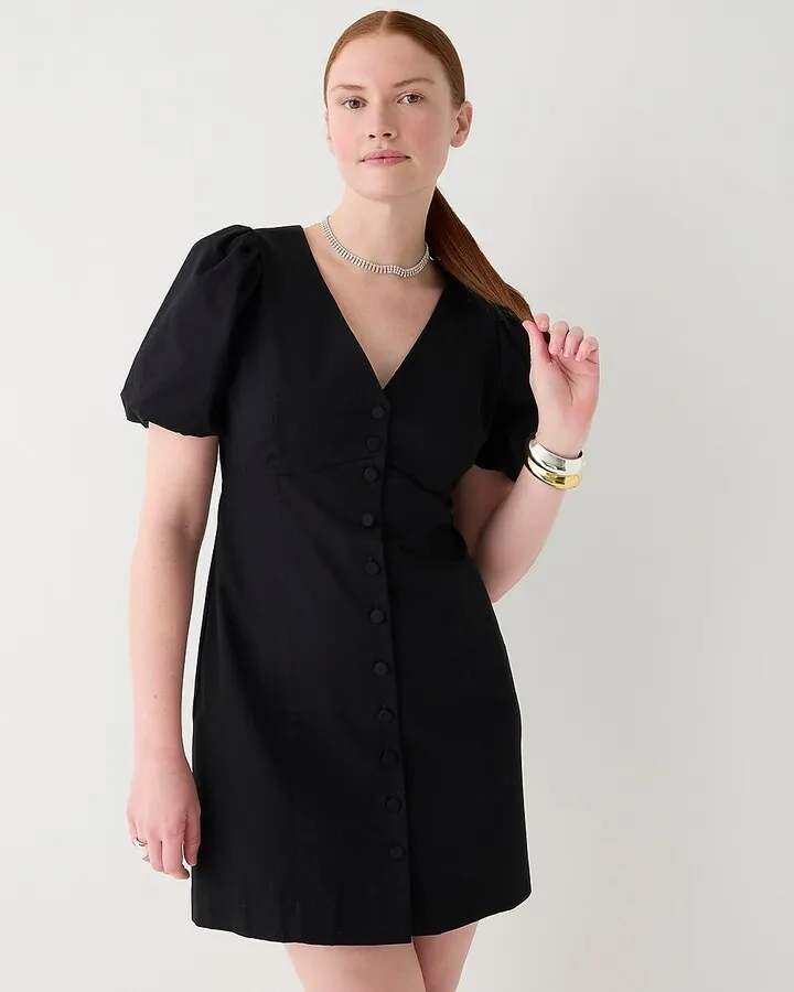 Button-front puff-sleeve mini dress