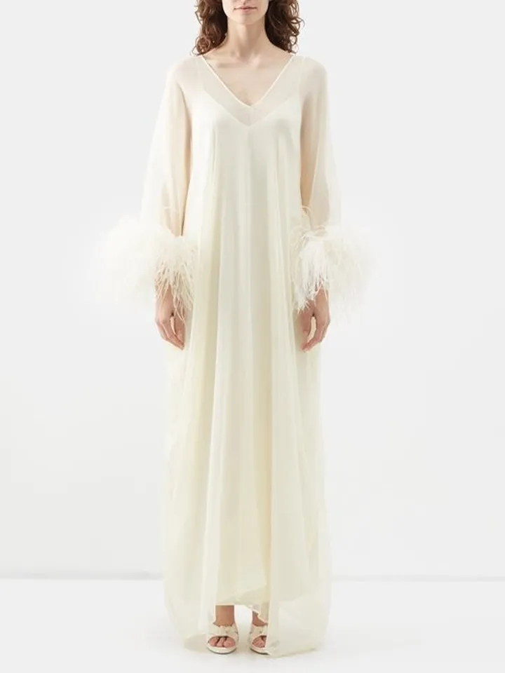 Gala Feather-cuff Silk Gown