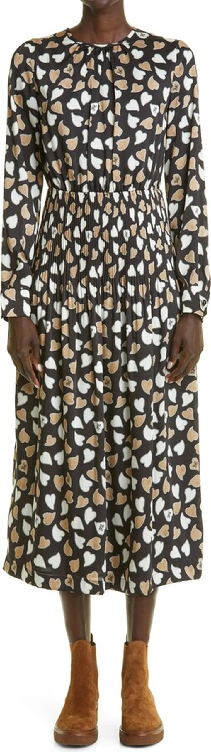 Pleated Long Sleeve Midi Dress