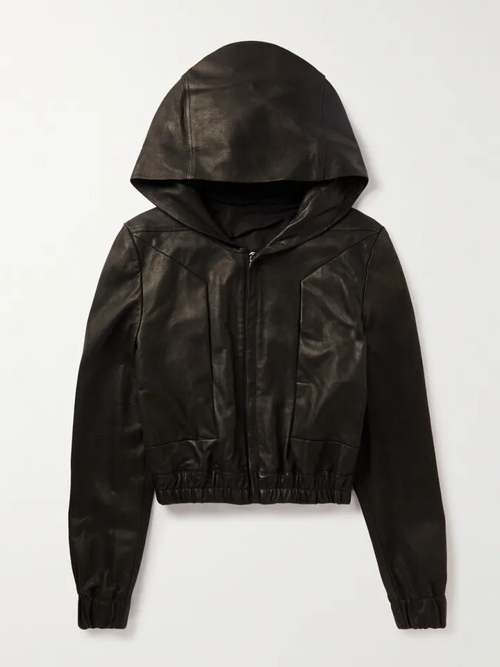 Slim-Fit Leather Hooded Bomber Jacket