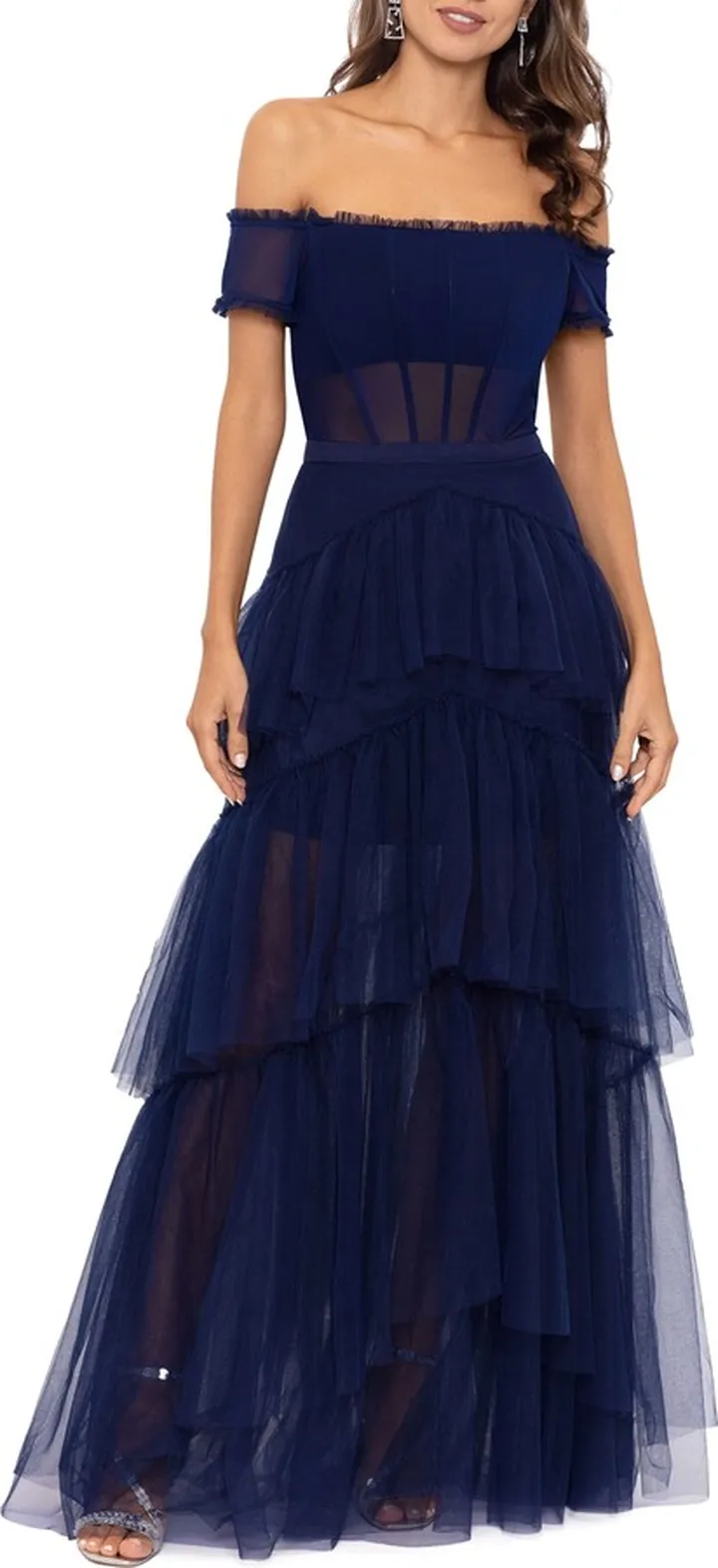 Ruffle Off the Shoulder Tiered Ballgown