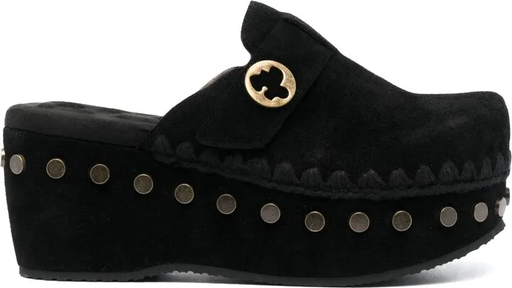 Crochet-Trim Suede Clogs