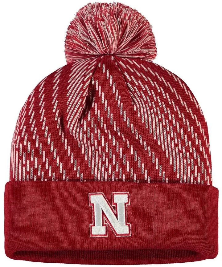 Men's Scarlet Nebraska Huskers 2021 Sideline Players Cuffed Knit Hat with Pom