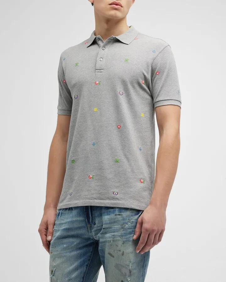Men's Pixel-Embroidered Slim Polo Shirt