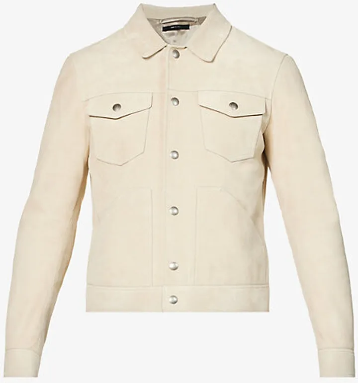 Mens Beige Western Panelled Spread-collar Suede Jacket