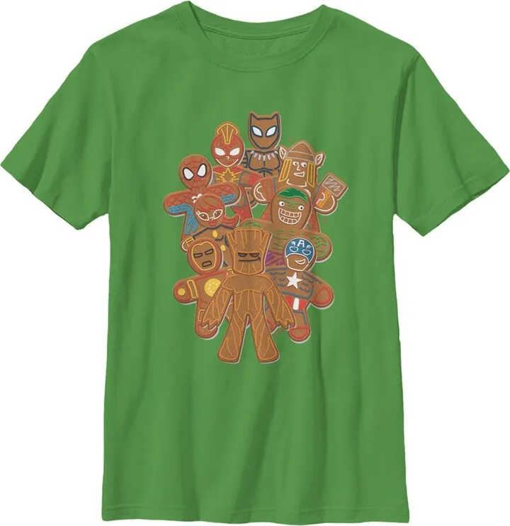Boy's Marvel Christmas Gingerbread Cookie Heroes T-Shirt - Kelly Green - Medium