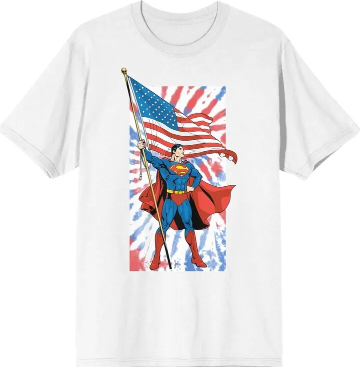 Superman DC Comic Superhero American Flag Mens White Graphic Tee-XL