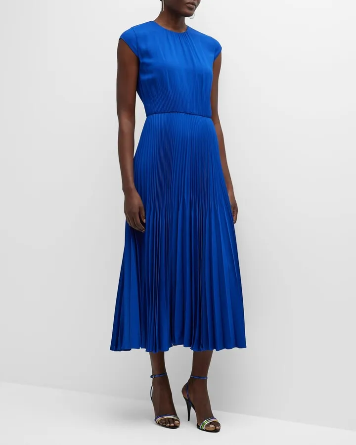 Cap-Sleeve Pleated Midi Dress