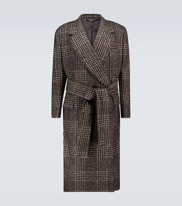 Belted checked overcoat