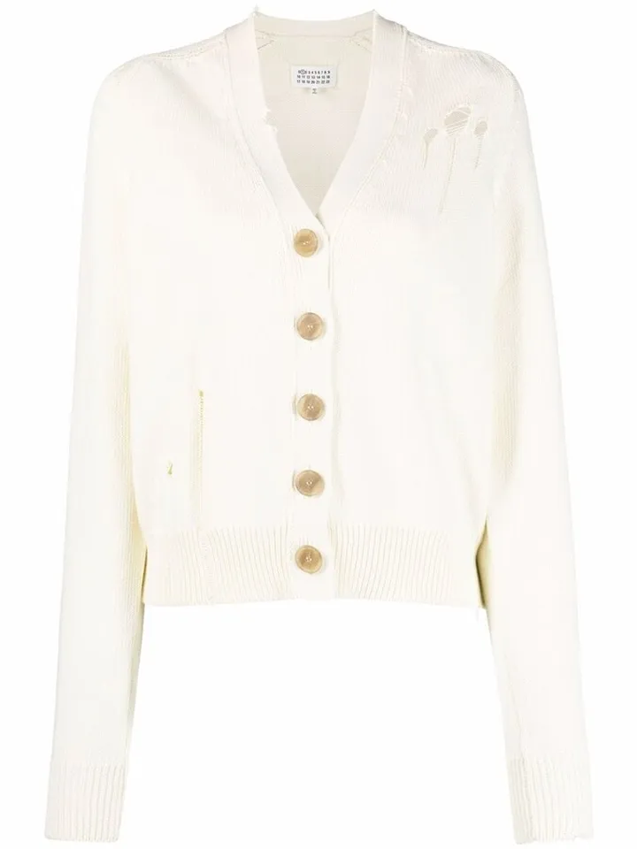 distressed-finish V-neck cardigan