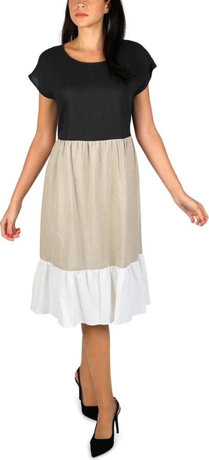 Cap Sleeve Colorblock Ruffle Hem Midi Dress