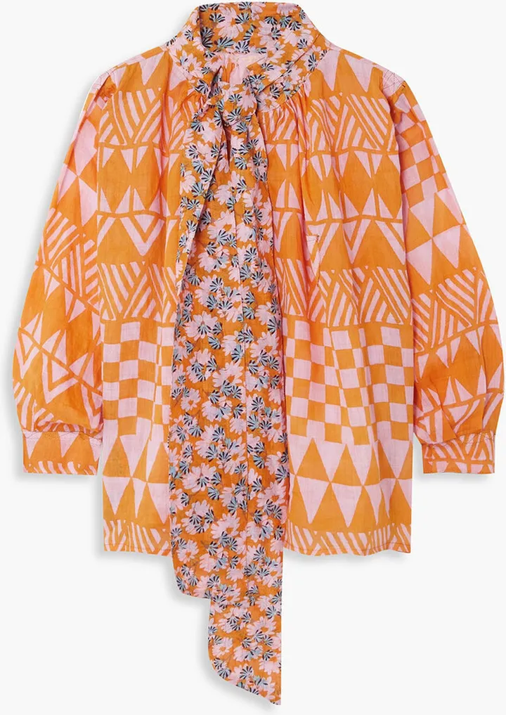 Pussy-bow printed linen blouse