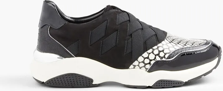 Snake-effect leather and nubuck slip-on sneakers