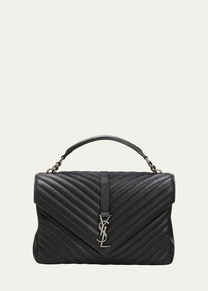 College Large Quilted Leather V-Flap Shoulder Bag