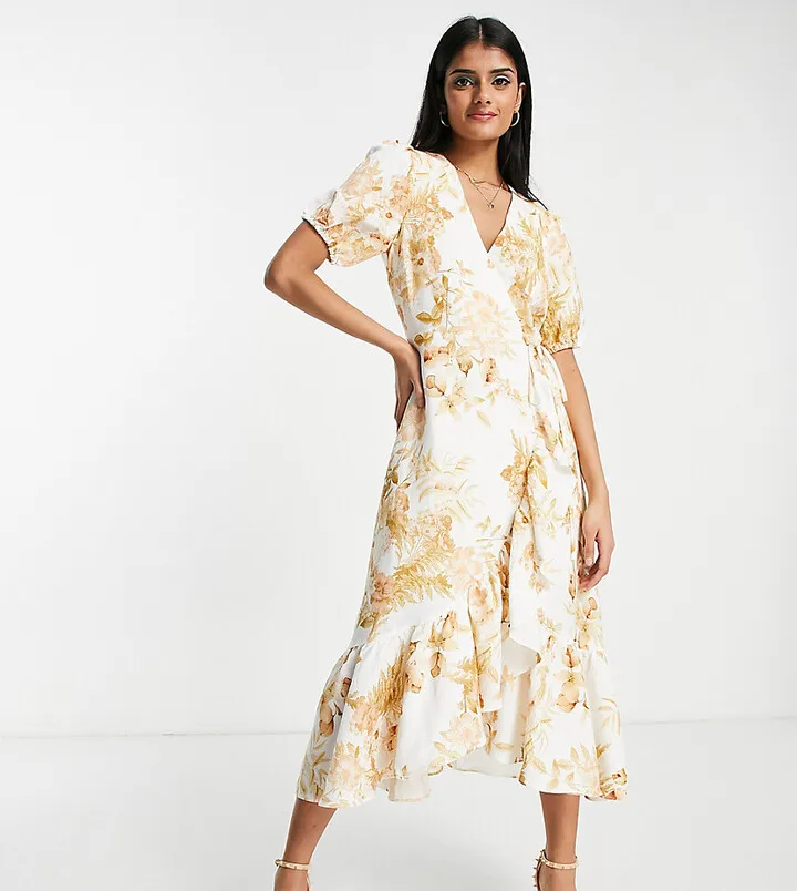 Ever New puff sleeve wrap midi dress in ivory and gold floral