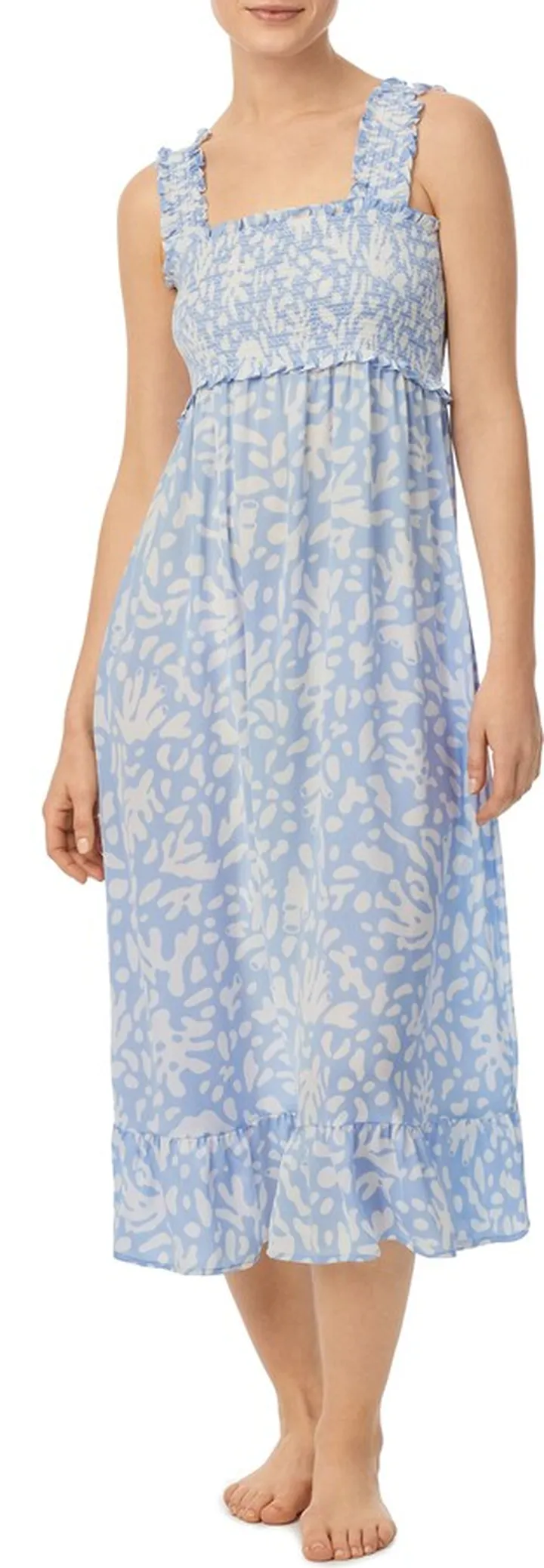 Abstract Print Smocked Satin Nightgown