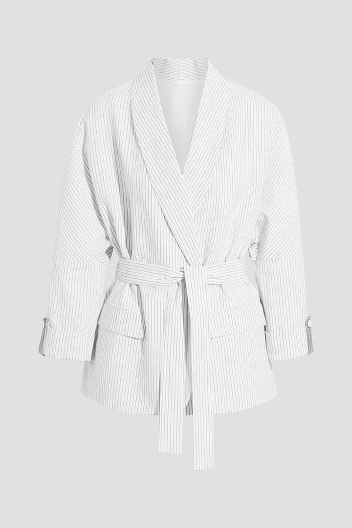 Belted pinstriped cotton and linen-blend blazer
