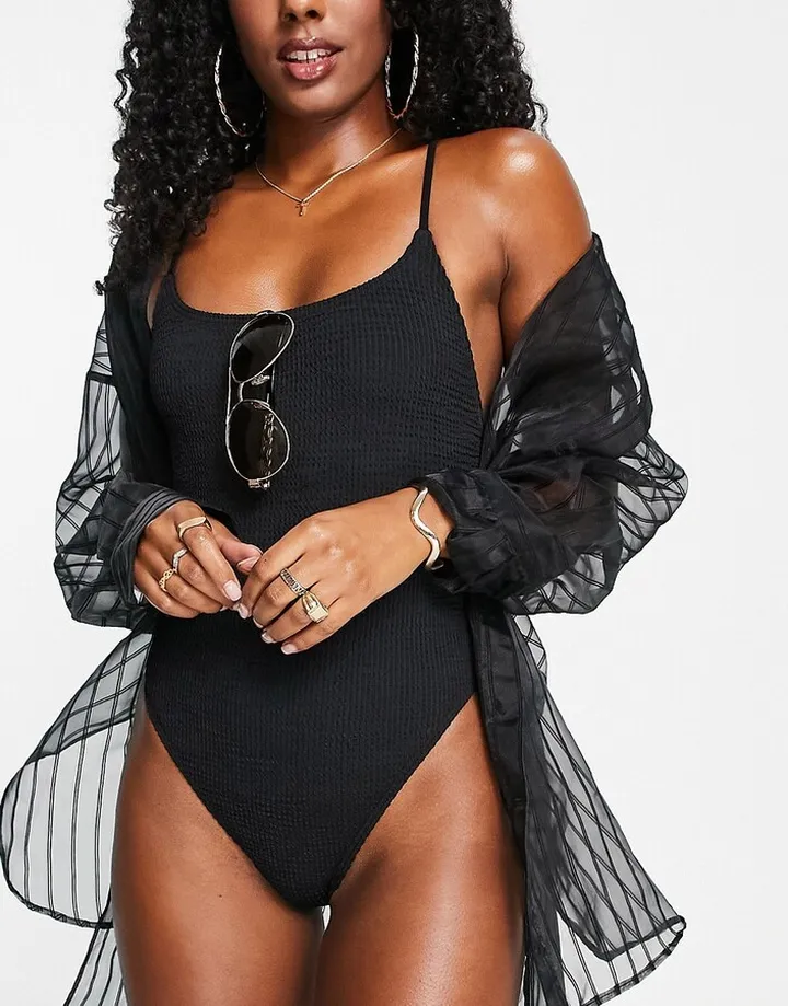 South Beach textured halter neck high leg swimsuit in black