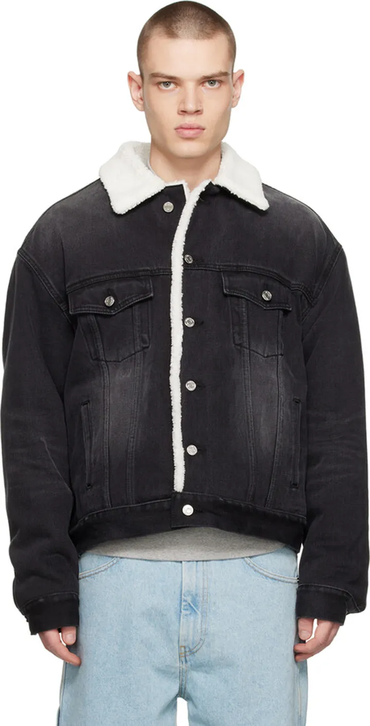 We11done Black Oversized Faux-Shearling Denim Jacket