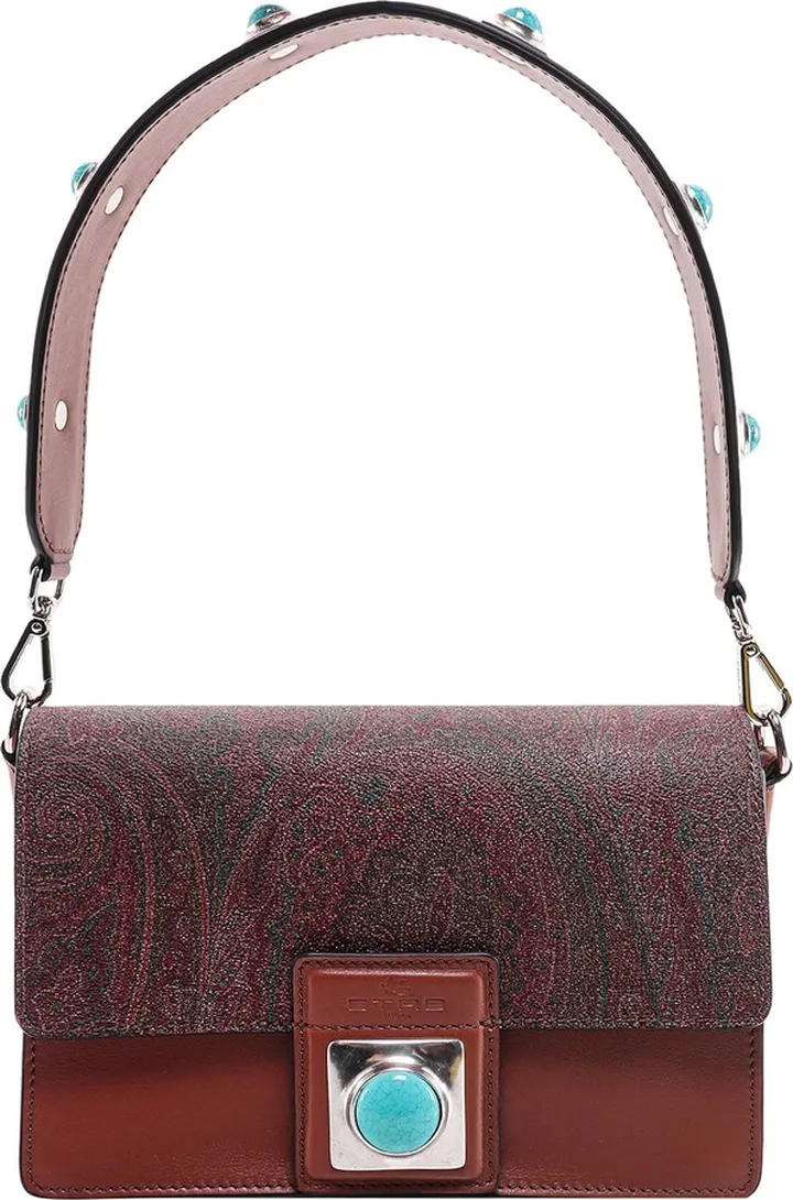 Coated canvas and leather shoulder bag with cabochon stone