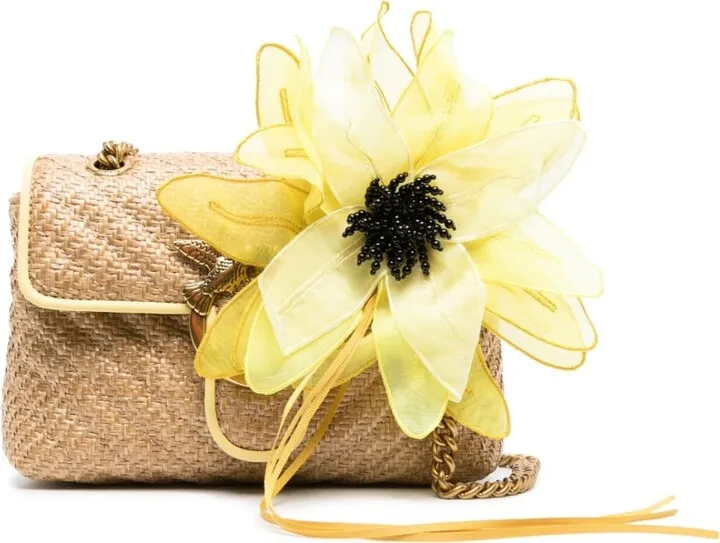 Flower-Detail Raffia Shoulder Bag