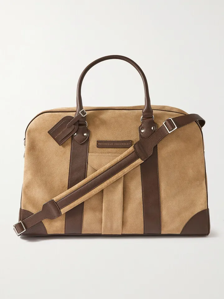 Logo-Appliquéd Leather-Trimmed Suede Duffle Bag