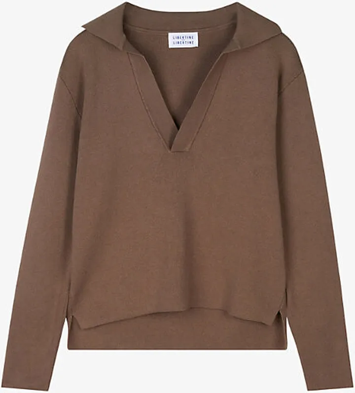 ibertine ibertine Womens Taupe Away V-neck Cotton and Wool-blend Jumper