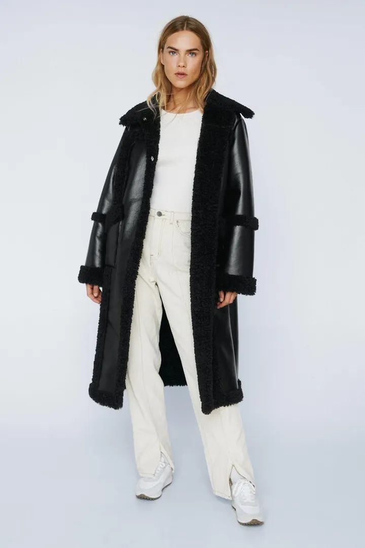 Nasty Gal Womens Premium Faux Leather Borg Lined Longline Coat