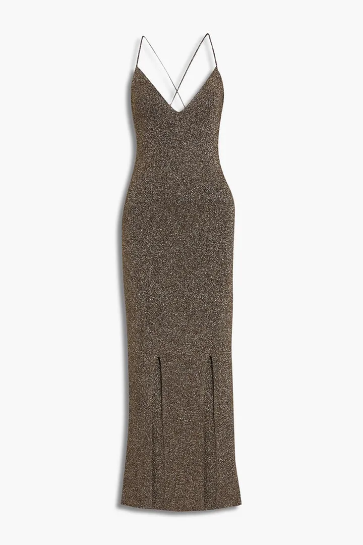 Tie-back metallic knitted maxi dress