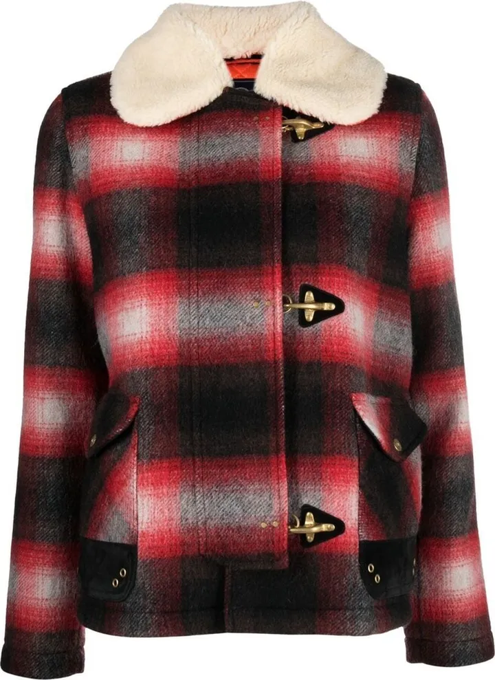Shearling-Collar Tartan-Check Jacket