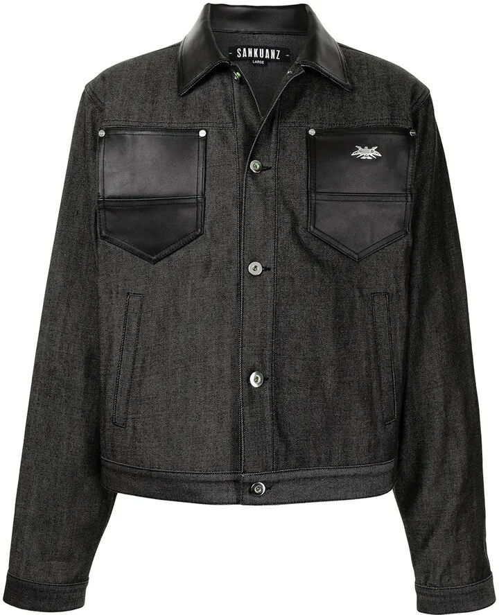 Leather-Trimmed Denim Jacket