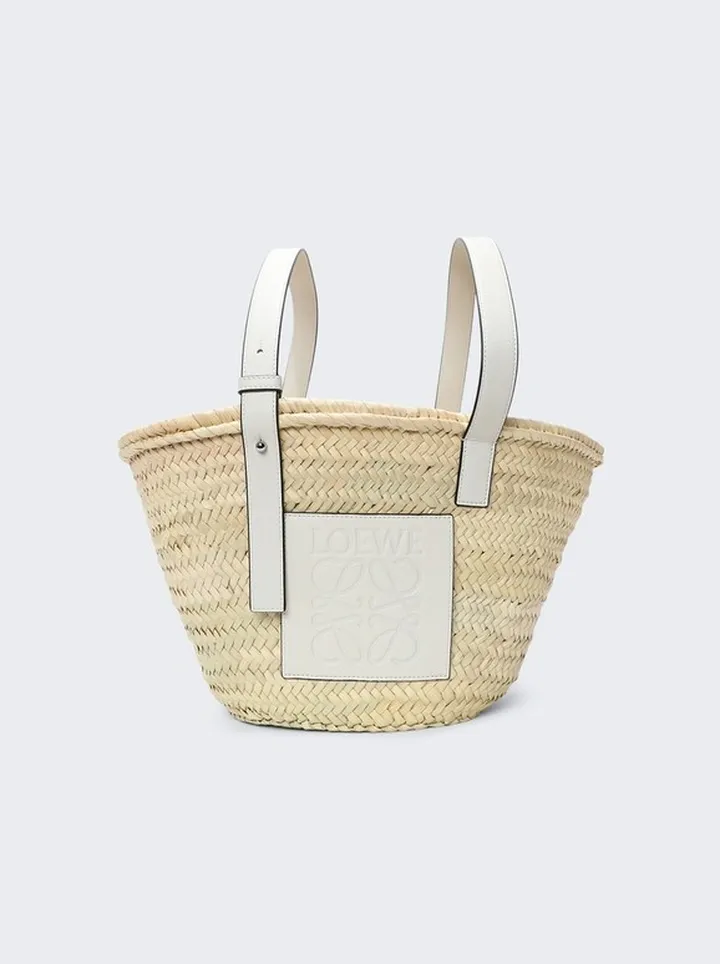 Basket Bag Natural Palm Leaf And White Calfskin