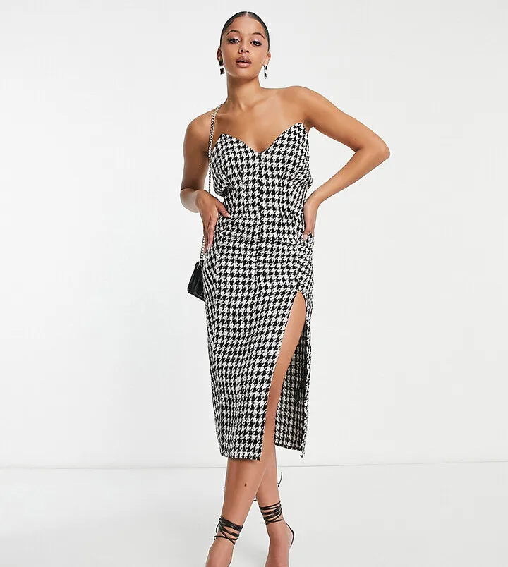 ASOS DESIGN Tall plunge bandeau mini dress in tweed dogtooth