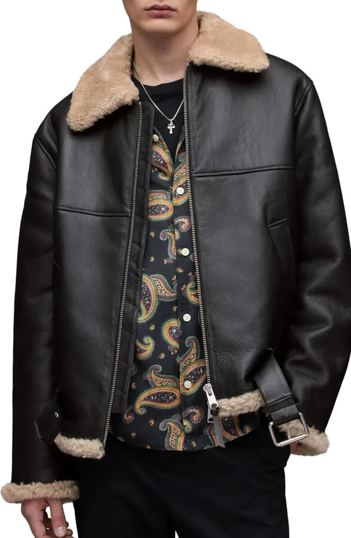 Hamel Genuine Shearling Trim Leather Jacket