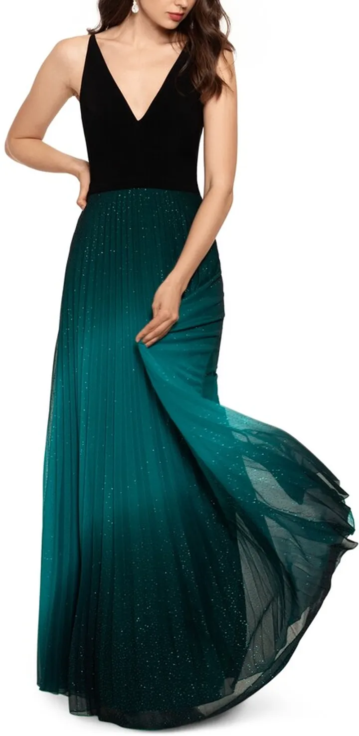 Betsy & Adam Pleated Glitter-Skirt Gown