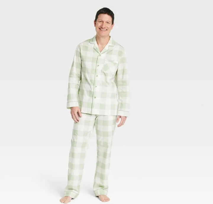 Men's Spring Plaid Matching Family Pajama Set - Green XXL