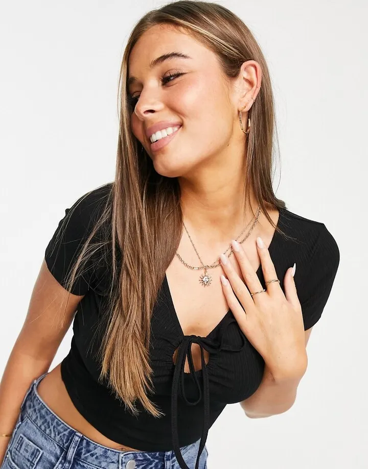 Miss Selfridge short sleeve halter strap ribbed t-shirt in black