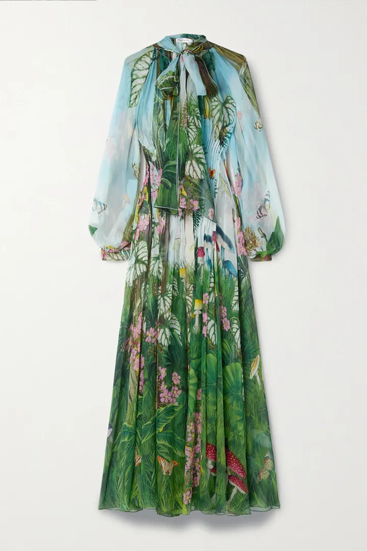 Oscar de la Renta - Tie-neck Pintucked Printed Silk-chiffon Gown - Green