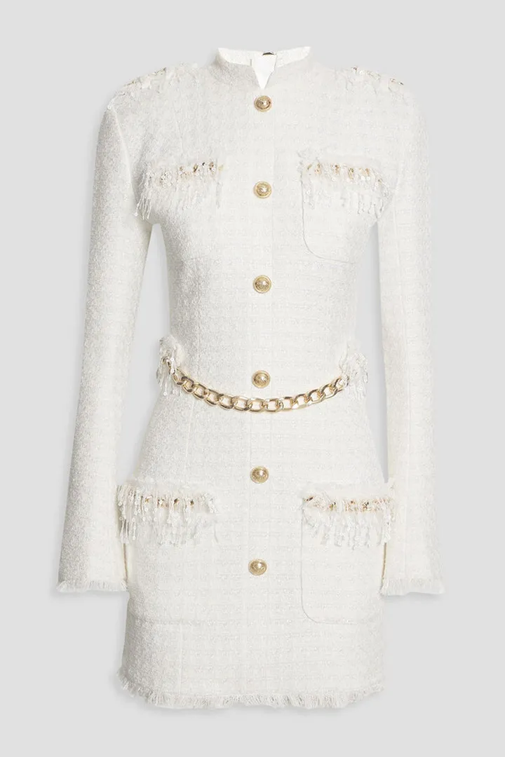 Chain-trimmed fringed metallic tweed mini dress