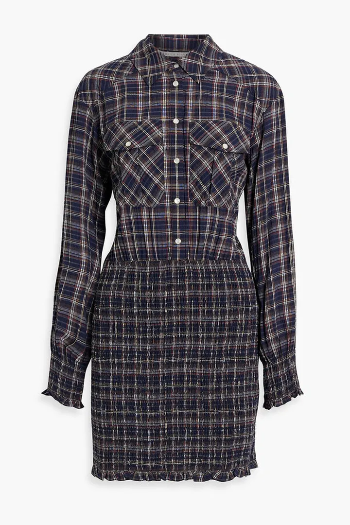 Melnar smocked checked gauze mini shirt dress
