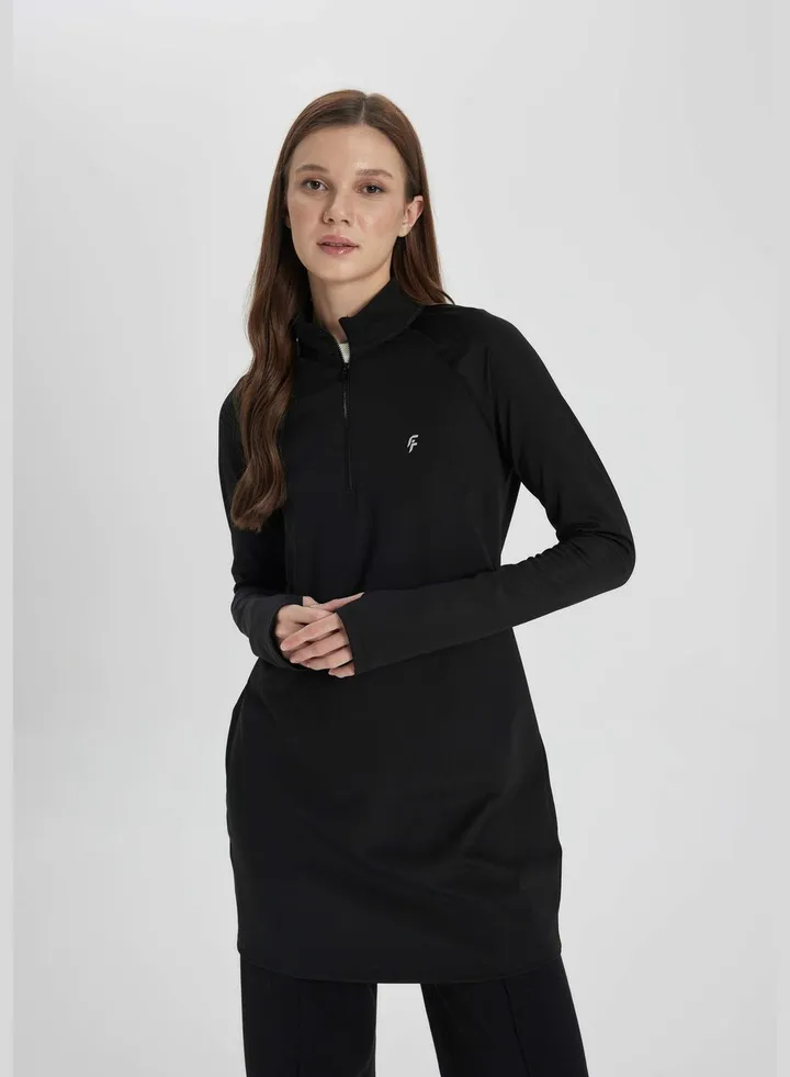 Woman Long Fit Stand Up Collar Knitted Long Sleeve T-Shirt