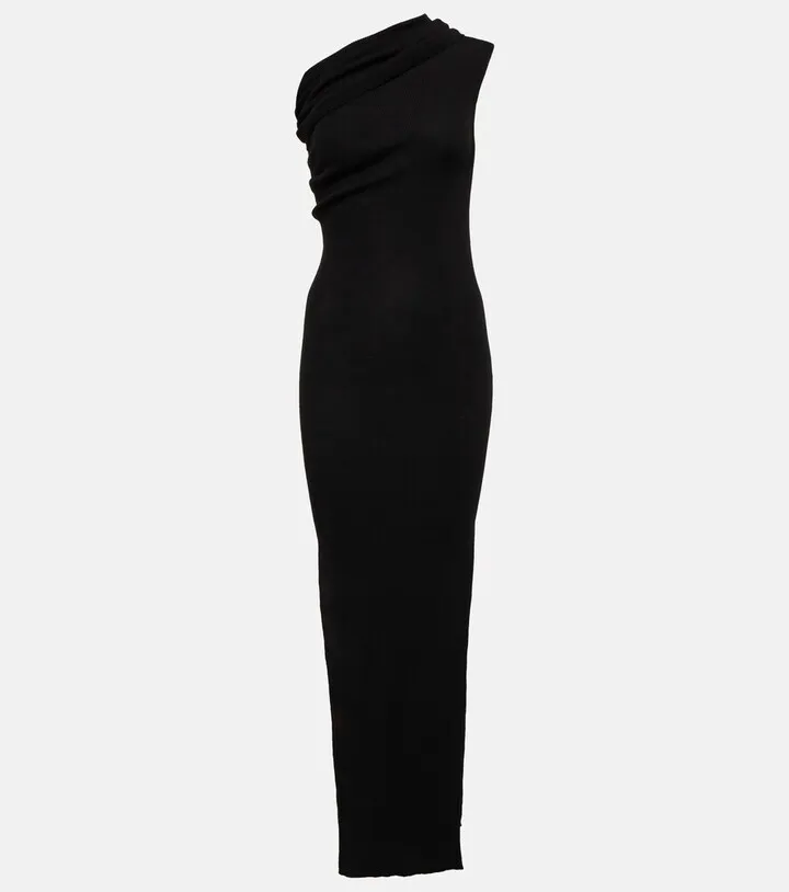 Ribbed-knit one-shoulder virgin wool maxi dress