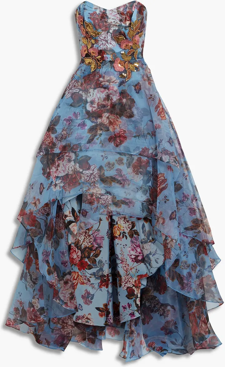 Strapless embellished floral-print organza gown
