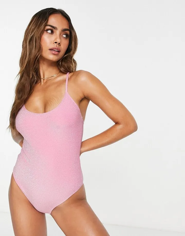Monki glitter cross back swimsuit in pink