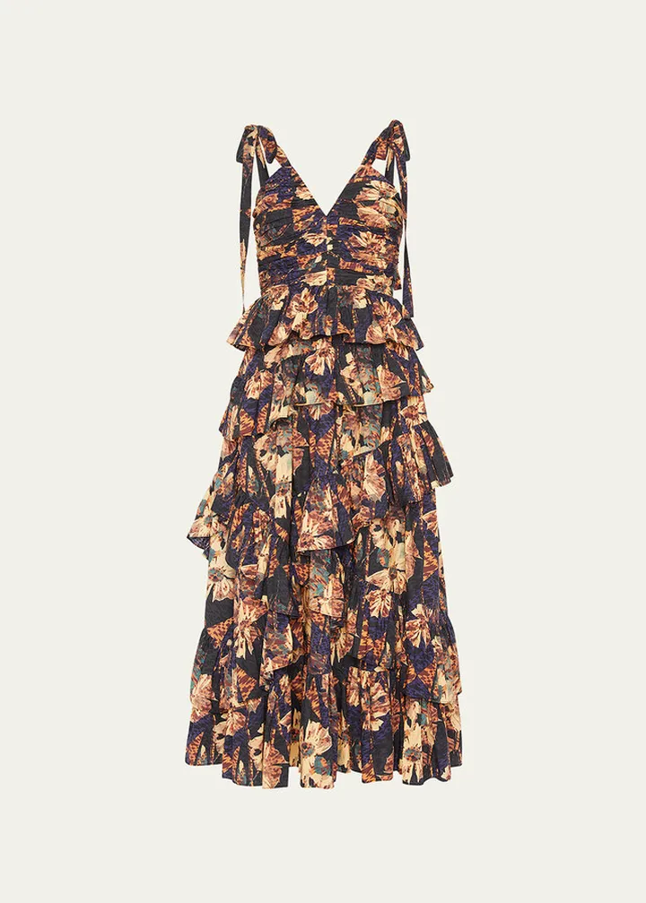 Candace Tie-Shoulder Tiered Ruffle Midi Dress
