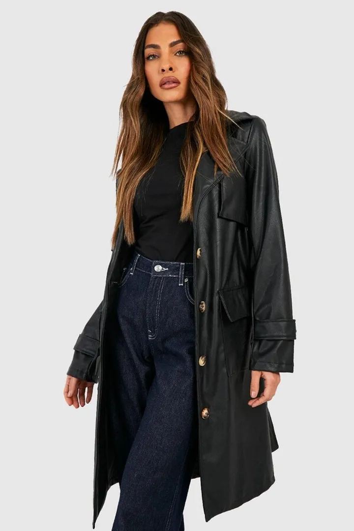 Short Faux Leather Trench Coat