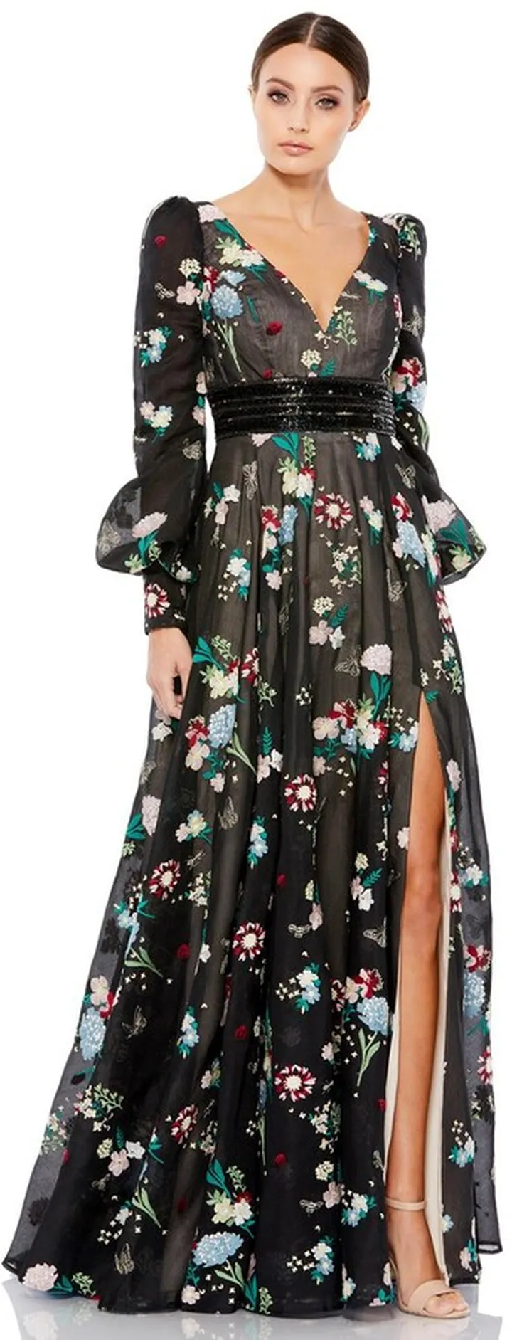 Embellished Long Sleeve Plunge Neck Trumpet Gown